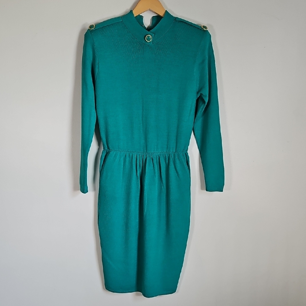St John Marie Grey Vintage Santana Knit Dress Green Quiet Luxury Size 6 Made USA